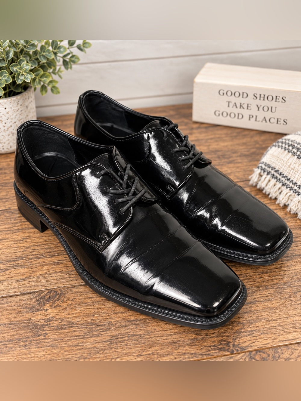 Men’s Stafford Black Dress Shoes Size 9.5M Square Toe Lace-Up Formal Glossy